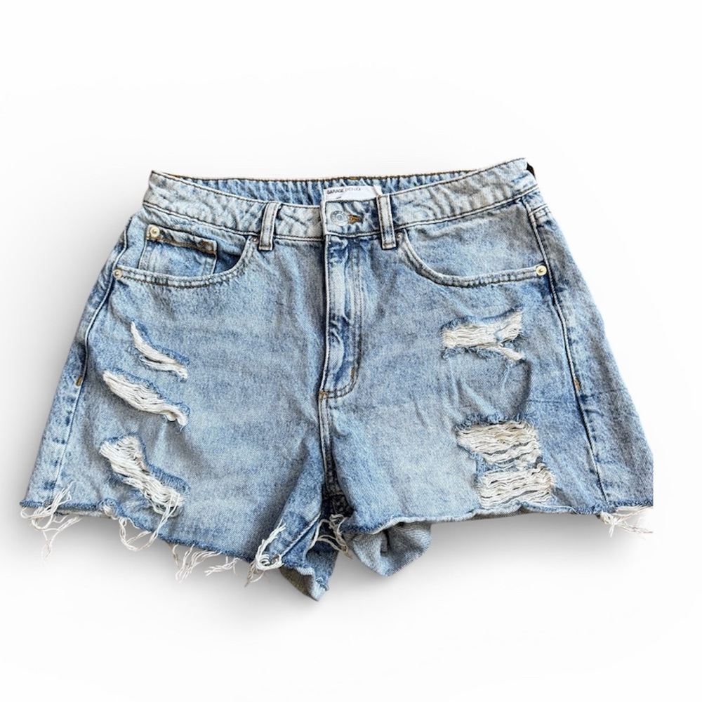 Garage Light Blue Distressed Mom Shorts
